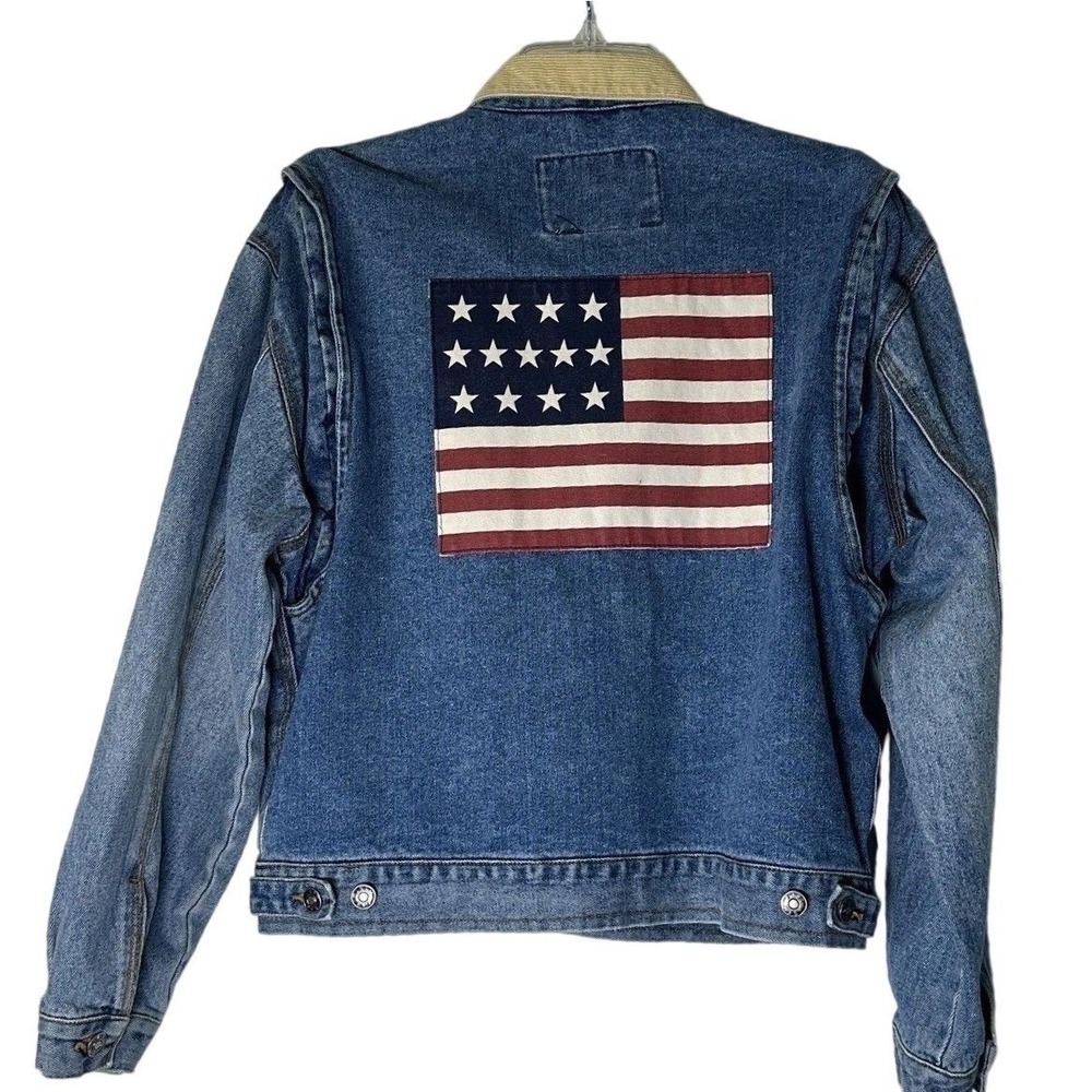 Vintage East West Denim Jacket Mens L Corduroy Collar USA Flag Patch 90s Y2K